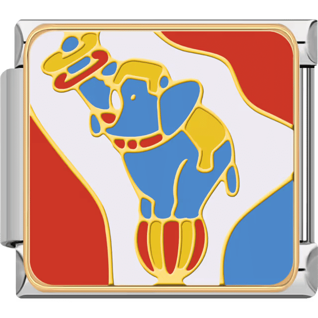 A blue circus elephant balancing on a colorful stand with red and yellow costume accents, in a silver Italian charm.
